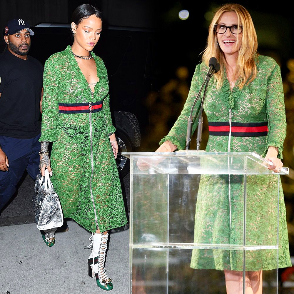 Egy Gucci-ruha, két nő: Rihanna valószínűleg nem is sejtette, amikor felvette ezt a csipkekreációt, hogy korábban már Julia Roberts is mutatkozott egy ugyanolyan darabban.