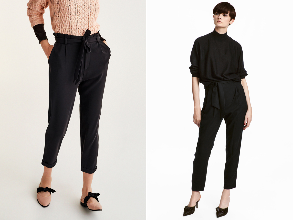 Mindig tuti nyerő a fekete, megkötős derekú nadrág, hiszen egyszerre laza és nőies. A bal oldali a Pull & Bear darabja, mely 4995 forintért kapható. A jobb oldali a H&M kreációja, 8990 forintért.