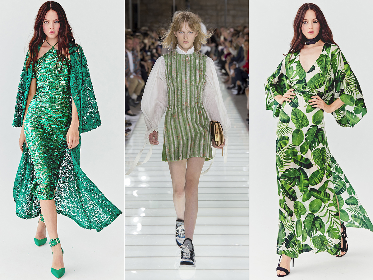 Zöld, minden mennyiségben: a tavalyi uralkodószín, a lombzöld után most megjelennek a moha, a pálmalevél és a smaragd árnyalatok, ahogy ezt láthatjuk az Alice + Olivia és a Louis Vuitton kreációin.