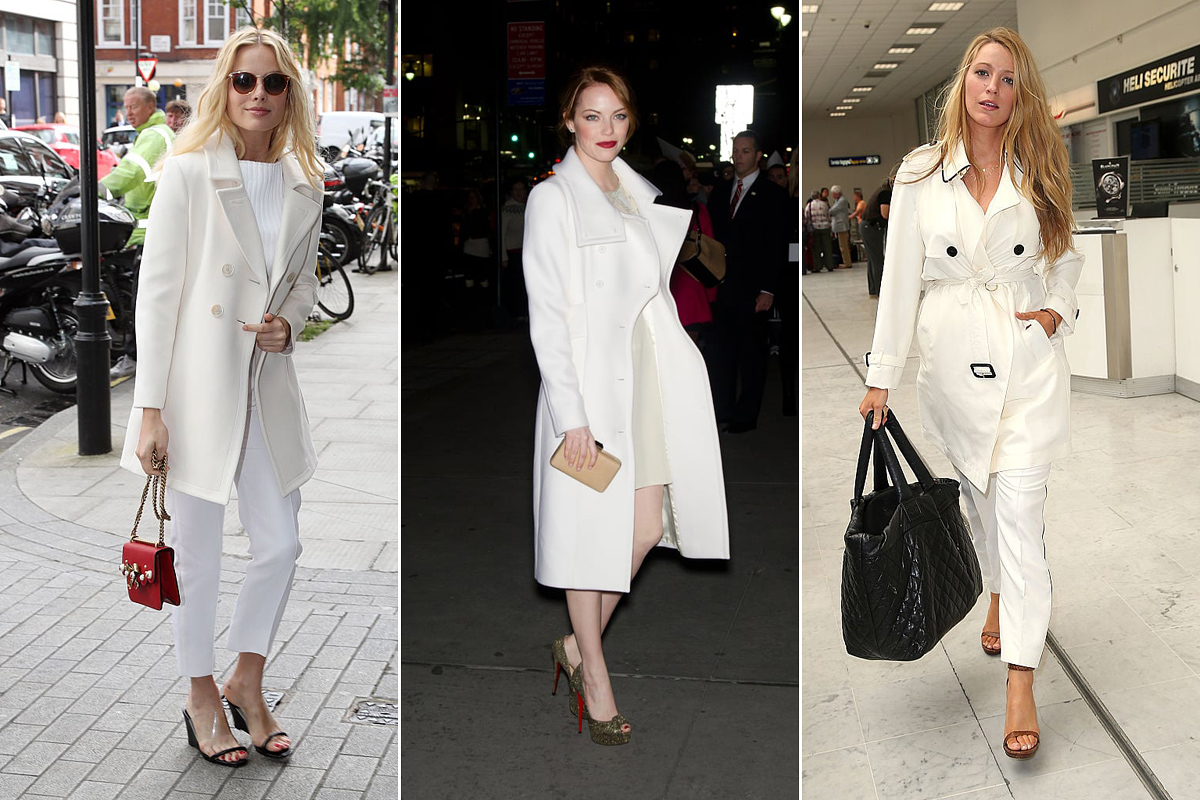 Margot Robbie, Emma Stone és Blake Lively szettje az idei őszi divatot vetíti előre: csak a kiegészítők adnak színt a fehér öltözékhez.