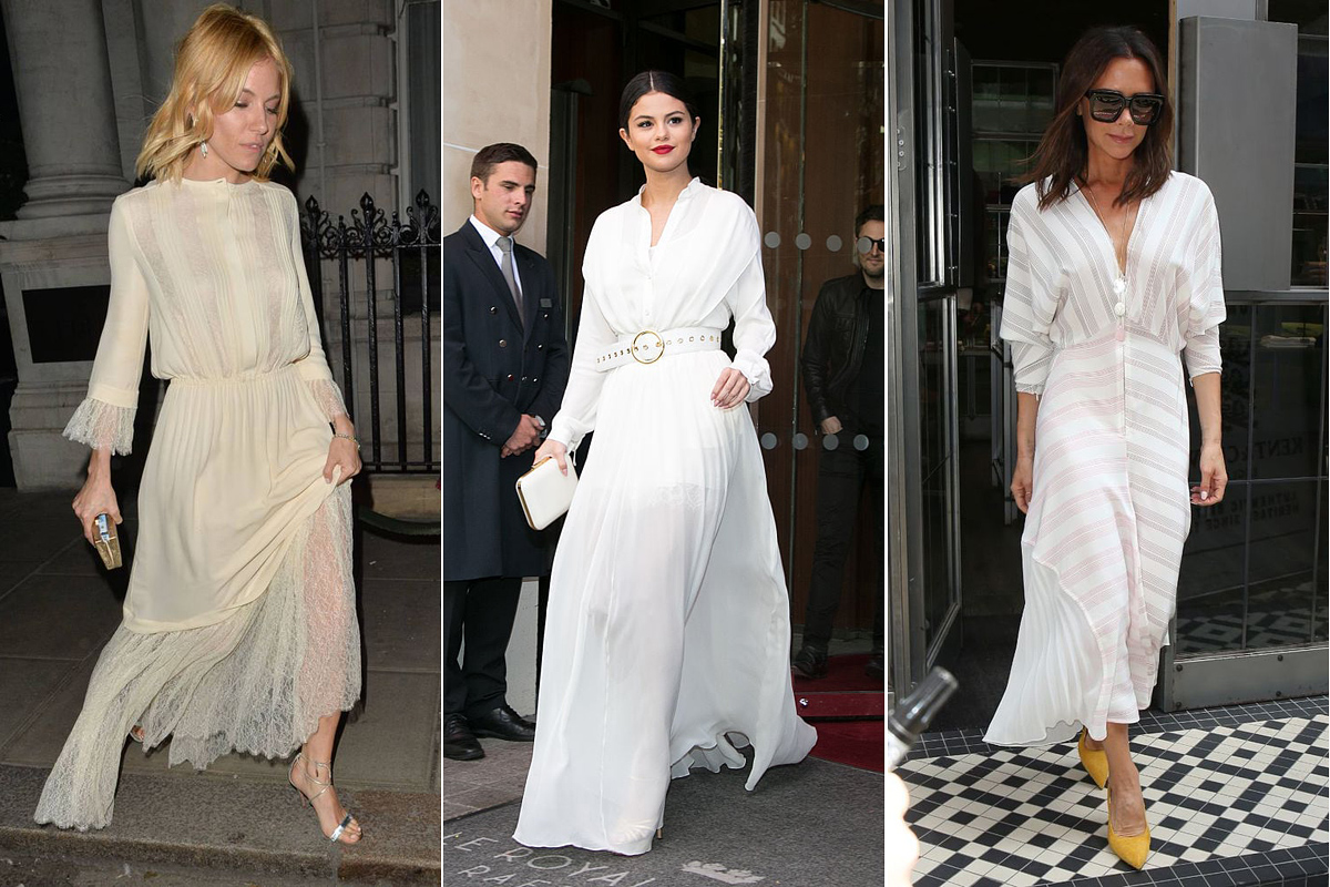 A fehér romantikus, bájos és elegáns egyszerre: Sienna Miller vintage hangulatú ruhába bújt, Selena Gomez egy modern, letisztult fazonú kreációval hangsúlyozta barna bőrét, Victoria Beckham pedig sárga cipővel kombinálta piszkosfehér öltözékét.