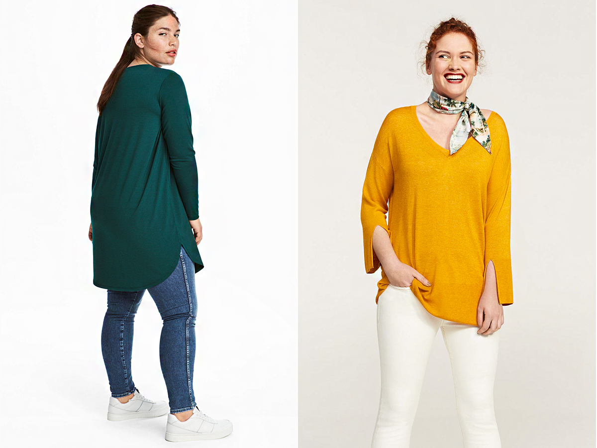 Egyszerű darabok, mégis színesebbé teheted velük a ruhatáradat: a zöld tunika a H&M, a laza esésű okkersárga pulóver pedig a Mango kreációja.