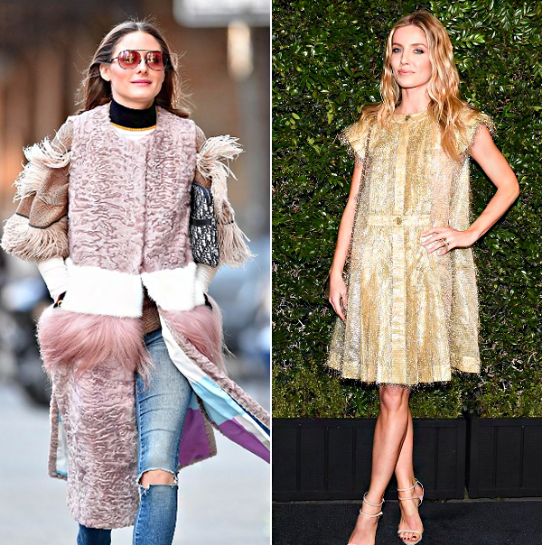 Különleges anyagok: Olivia Palermo kabátkája olyan, mint egy művészi kollázsalkotás, Annabelle Wallis érdekesen bolyhos Chanel-kabátja pedig ragyog a reflektorfényben.