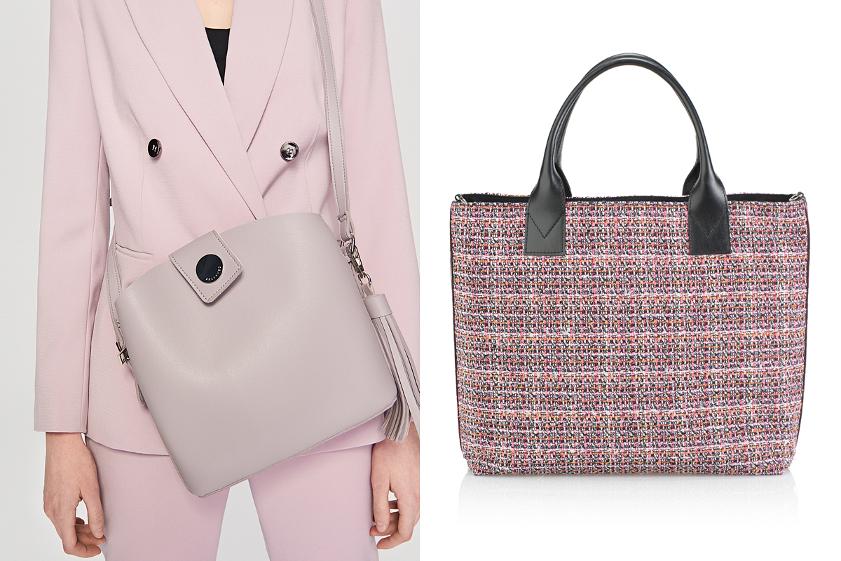 A Reserved pasztelles, levendulaszínű táskája 7995 forintért, a Pinko tweed anyagú bevásárlófazonja 160 euróért kapható.