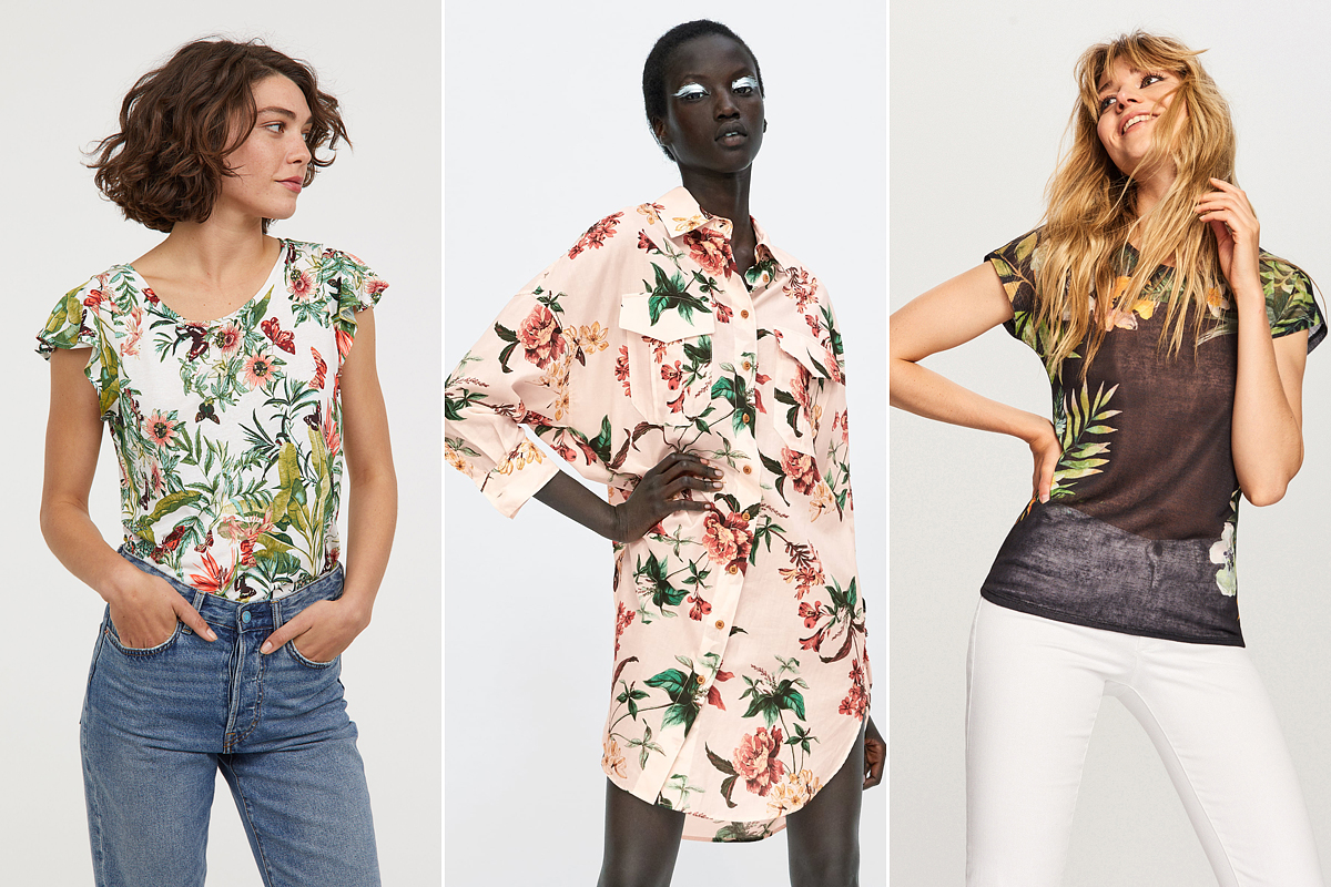 Buja, botanikus minták virágokkal: a H&M pólója 2990 forint, a Zara ingruhája 9995 forint, a Reserved dzsungelmintás kreációja 3495 forint.