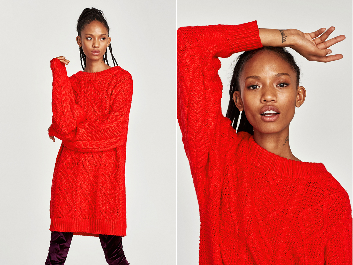 Tüzes vörös, túlméretezett pulóver a Zara választékából, amit ruhaként is viselhetsz. Az ára 12 995 forint.