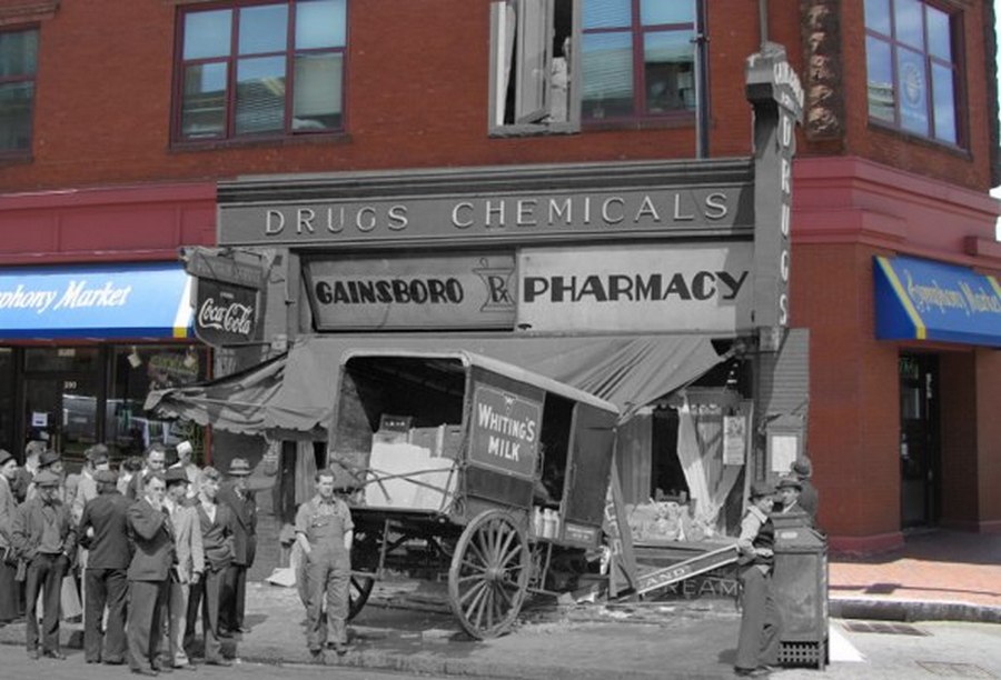 Milk wagon careens into Huntington Avenue pharmacy.jpg