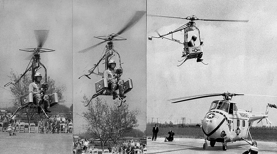 1957. Mini helikopter tesztje az USA-ban. A pilóta néhány nappal később, 15 méter magasból lezuhanva súlyosan megsérült. A gép tönkrement..jpg