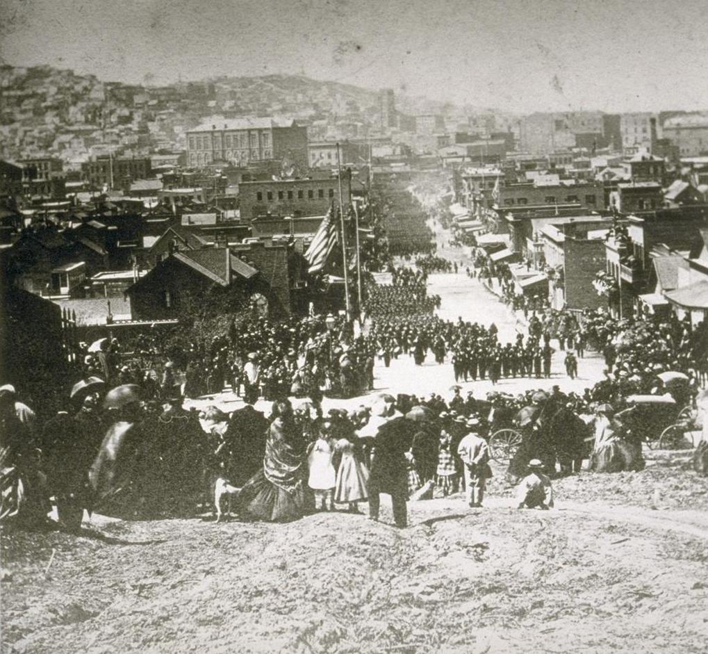 1865. San Francisco. Lincoln elnök meggyilkolása után rendezett megemlékező felvonulás..jpg