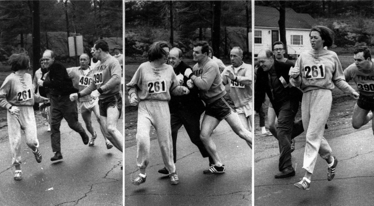 1967. Az eredetileg férfiak számára indított Boston maraton első női versenyzőjét egy férfi próbálja kilökni a pályáról..jpg