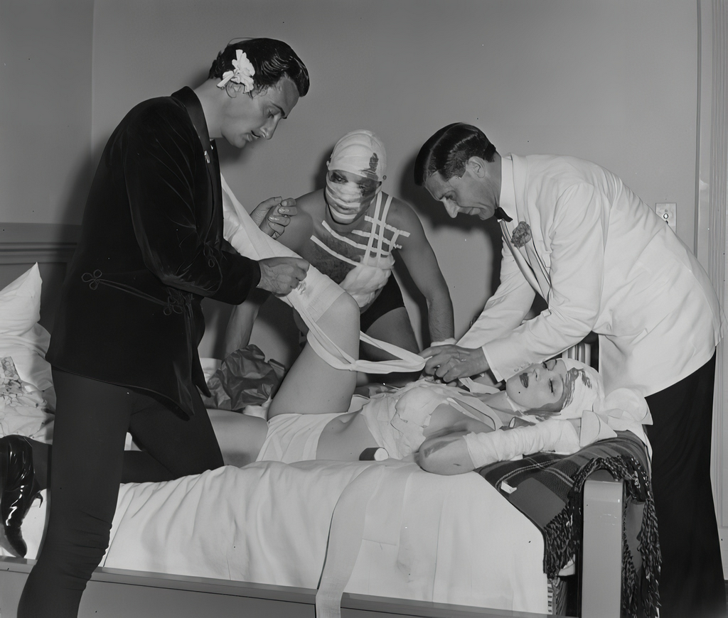 1941_salvador_dali_and_others_bandaging_up_woman_dancer_hotel_del_monte_monterey_california.png