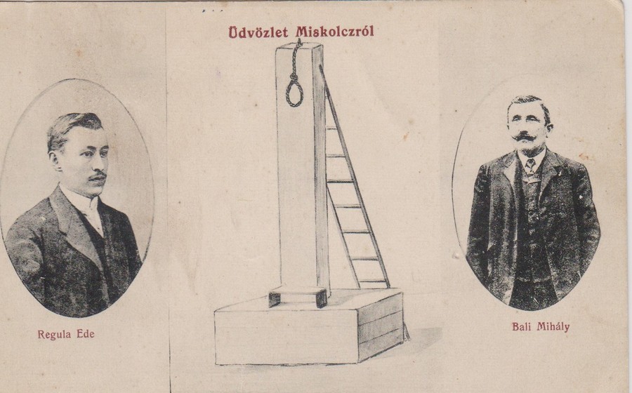 1911. Morbid üdvözlőlap az edelényi gyilkosságról. Balra a gyilkos, jobbra a hóhér fotójával..jpg