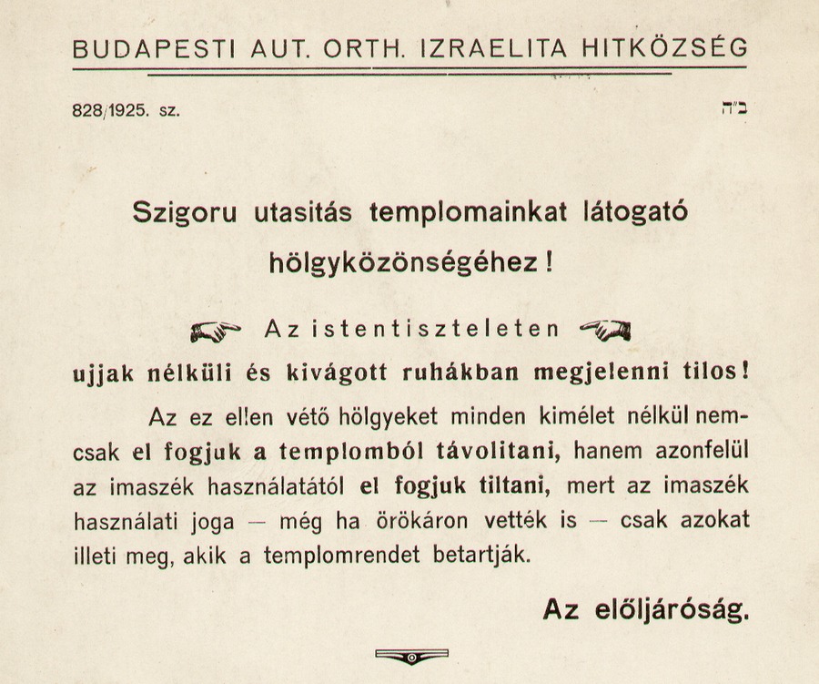 1928. A Budapesti Autonóm Orthodox Izraelita Hitközség templomokban kifüggesztett utasítása._cr.jpg