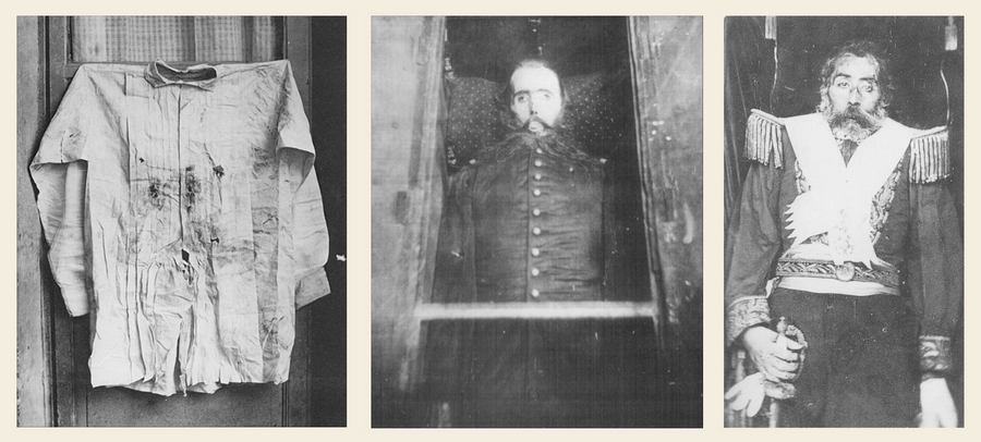 1867. A kivégzett Habsburg I. Miksa Mexikó császára. Balra a kivégzéskor viselt  inge, középen a Mexikóban készült post-mortem fotója, jobbra a Bécsbe hozott holttest..jpg