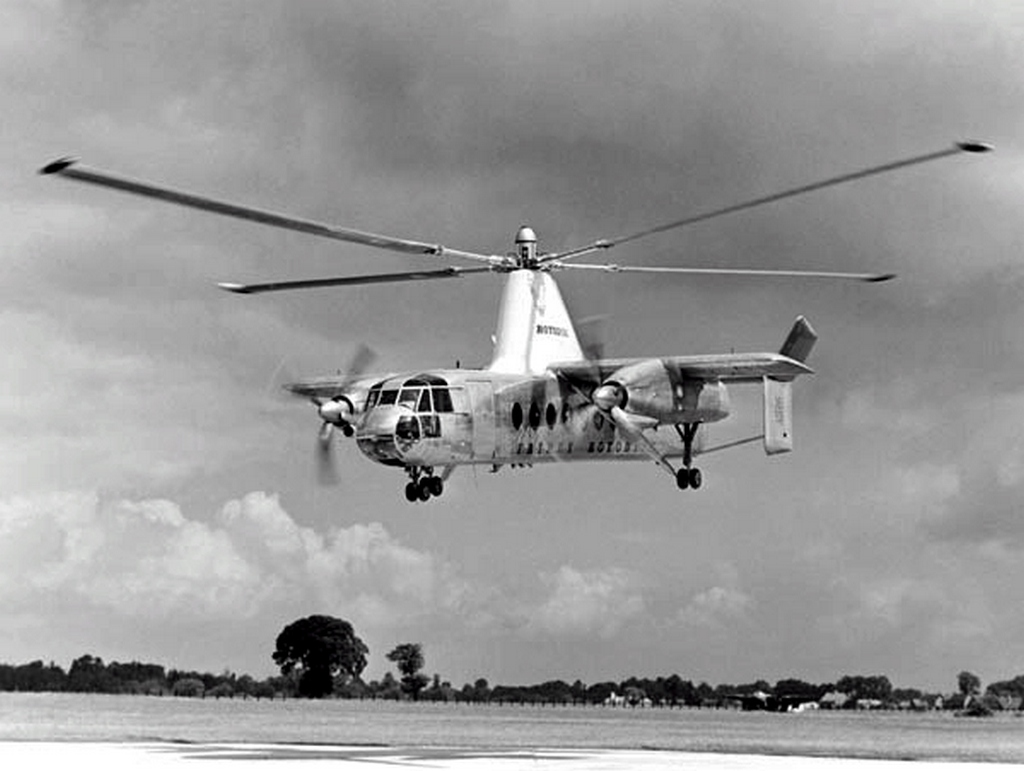 1955 körül. Fairey Rotodyne a brit giroplán. A giroplán merevszárnyú repülőgépre szerelt rotoros gép. Igazán nagy előnye nem volt a helikopterekkel szemben..jpg