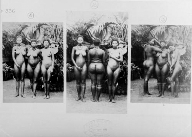Hottentotta nők a párizsi állatkertben. Főleg a férfiakat vonzotta az eltérő testfelépítésű afrikai hölgyek világa.