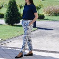 Blue patterned pants outfit