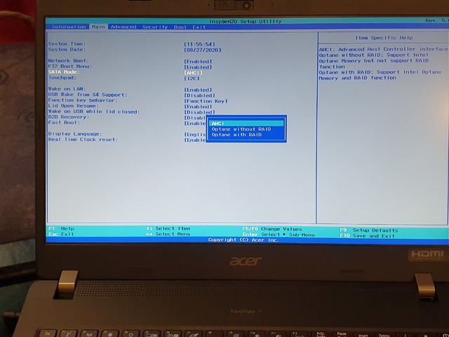 Acer TarvelMate IP change SATA mode AHCI