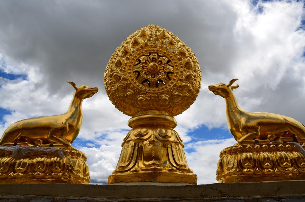 Van amikor a Tan kereke (dharmacsakra) egyfajta kompozíció részeként jelenik meg: egy lótuszvirág emelvényen áll egy-egy őzzel. Az őzek kb. feleakkorák, mint a kerék mérete, rendszerint térdelnek és orrukat a kerék felé magasba emelik. Ez a jelenet a történelmi Buddha legelső tanbeszédére utal, amit megvilágosodása után adott öt koldusnak a mai Szárnáthban, az Őzek Ligetében (a mai Benáresz mellett, Uttar Pradesh államban található, Indiában).<br />A buddhista legendák szerint a parkban lakó ruru őzcsorda is Buddha köré gyűlt, hogy meghallgassa tanbeszédeit. Az őz és a dharmacsakra együtt Buddhának arra a tanítására figyelmeztet, mely szerint minden élőlény megszabadítása a cél, nem csak az embereké.<br />