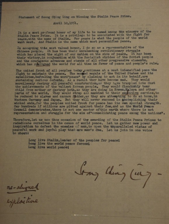 Soong Ch‘ing-ling nyilatkozata miután 1951-ben Sztálin-békedíjjal tüntették ki