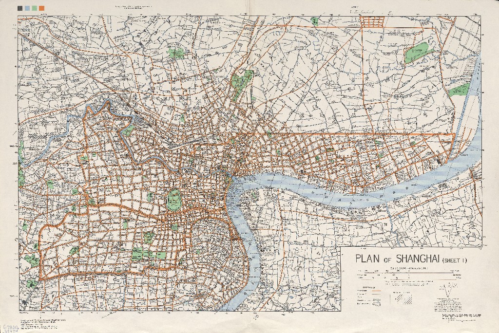 Sanghaj 1935-ös térképe, amelyen a Nemzetközi Telephely látható, ‘település határ‘ jelzéssel, valamint a francia koncesszió, amelyen egy felirat nélküli határ is szerepel.