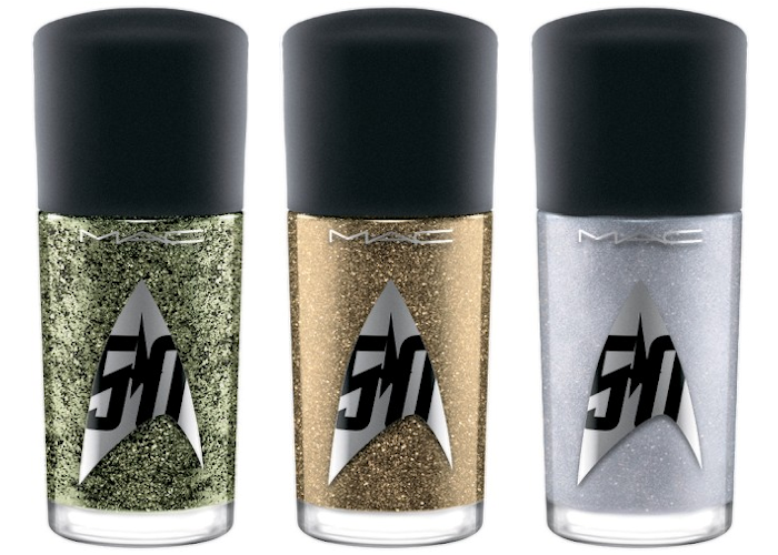 M∙A∙C Studio Nail Lacquer<br />Skin of Evil: yellowish green with black chunks (frost) <br />Holla-Deck: gold sparkle (frost)Enterprise: silver chrome (frost)<br />3200 Ft