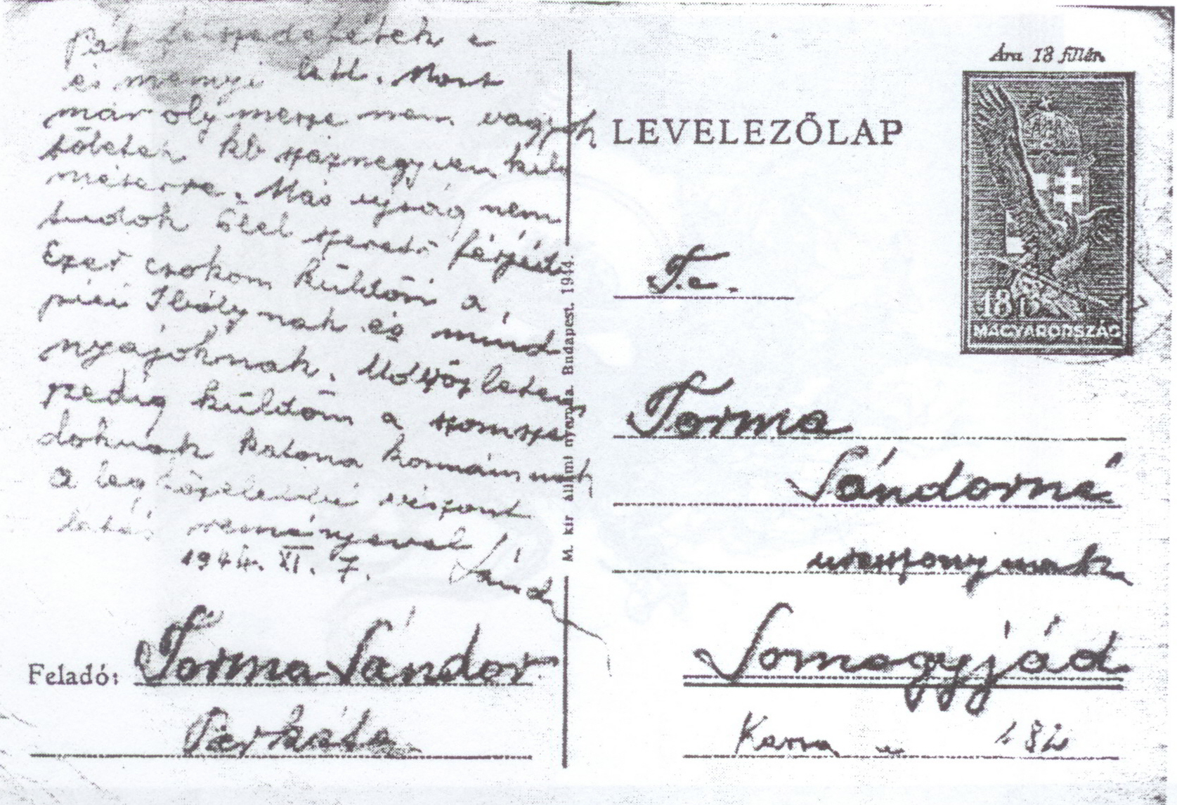 Torma Sándor levelezőlapja feleségének és családjának, 1944 (1).jpg