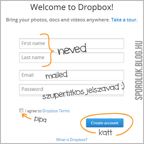 dropbox regisztraciós felülete