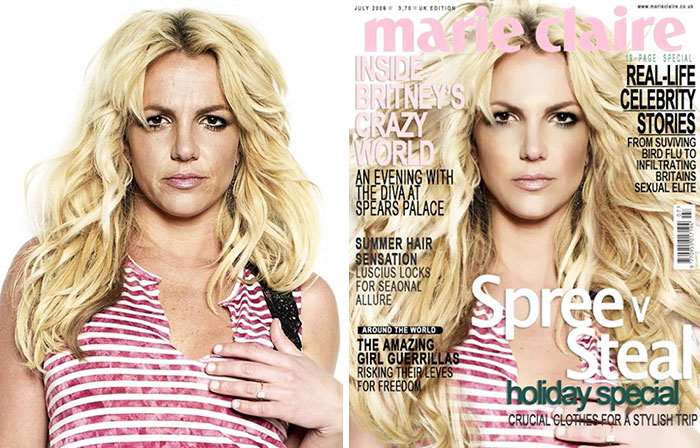 Britney Spears: bal oldalon szétpartizott grunge style-ban, jobb oldalon a Marie Claire címlapján. <br />