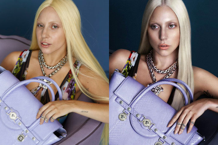 Lady Gaga előtte utána-képe a Versace kampányában.<br />