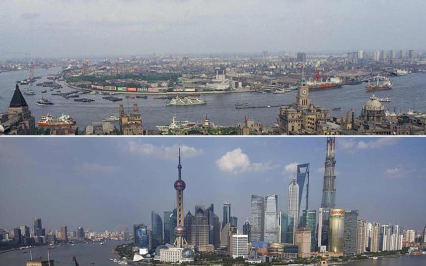 Shanghai Pudong városrésze 20 év különbséggel
