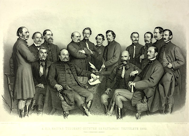 A Pesti Egyetem Orvoskarának tanárai, 1863-ban. Semmelweis keresztbe tett karral áll. Jobbra Balassa János ül, balra Diescher János, Semmelweis pesti hivatali utódja áll.