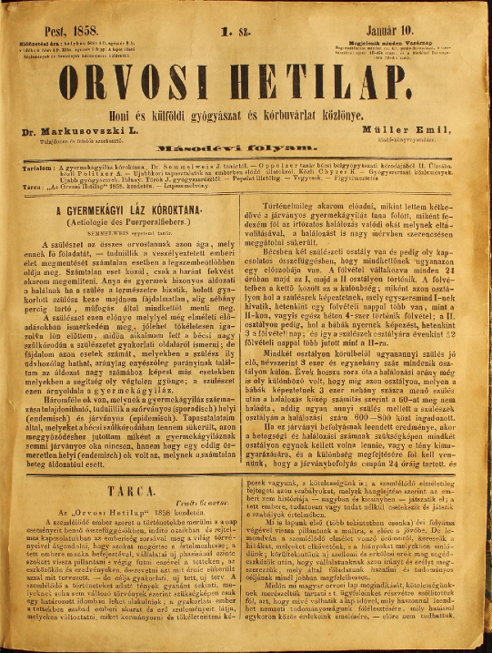 Az Orvosi Hetilap 1858. január 10-én megjelent száma Semmelweis A gyermekágyi láz kóroktana című cikkével <br />