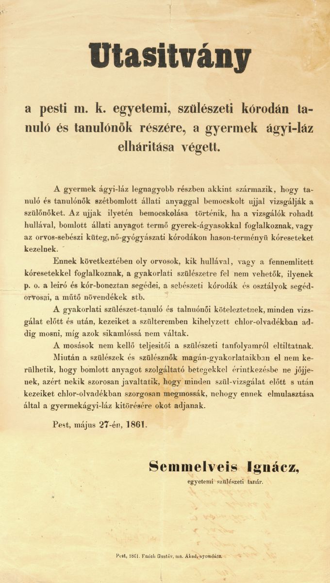 Semmelweis utasítása a kézmosásról 1861-es keltezéssel <br />