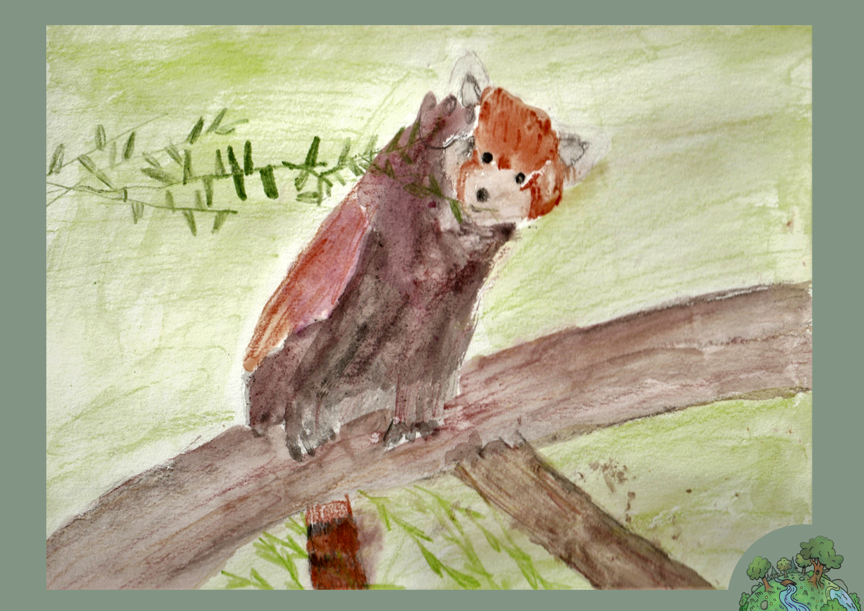 Cziehso Zoey, 8 éves<br />A kép címe: A vörös panda veszélyeztetett állat<br />Alkalmazott technika: akvarell ceruza<br />