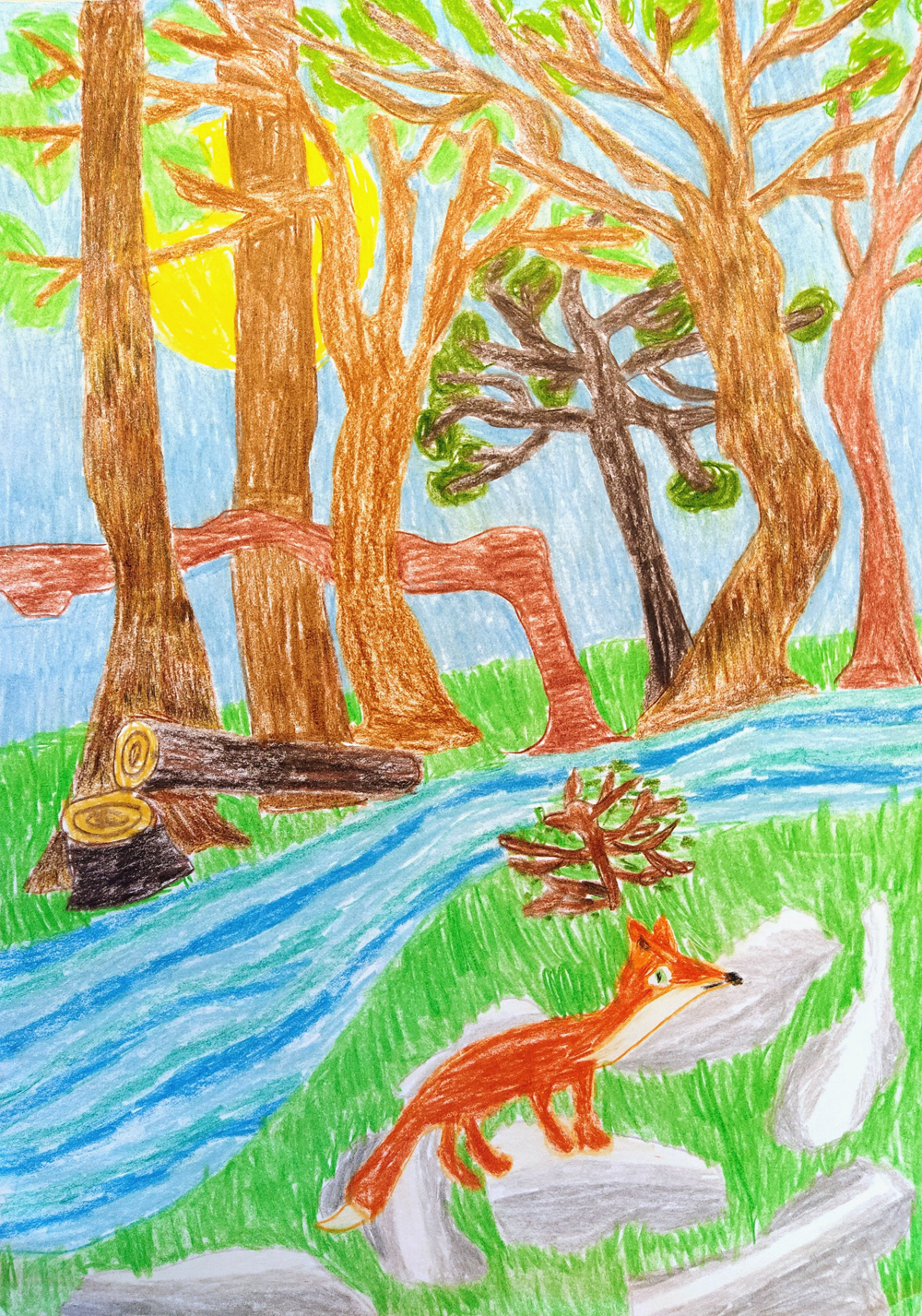 Pozsonyi Krisztián, 10 éves<br />Róka a pataknál <br />színes ceruza