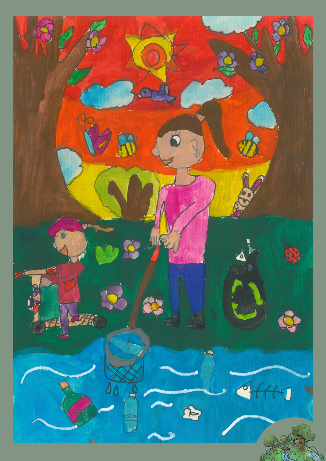 Fazekas Szófia, 8 éves<br />A kép címe: A víz és a vízpart megtisztítása<br />Alkalmazott technika: vízfesték