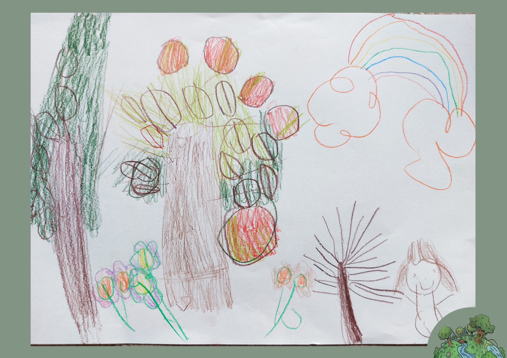Fias Nóra,  5 éves<br />A kép címe: Facsemetét ültetünk a kertben<br />Alkalmazott technika: színes ceruza