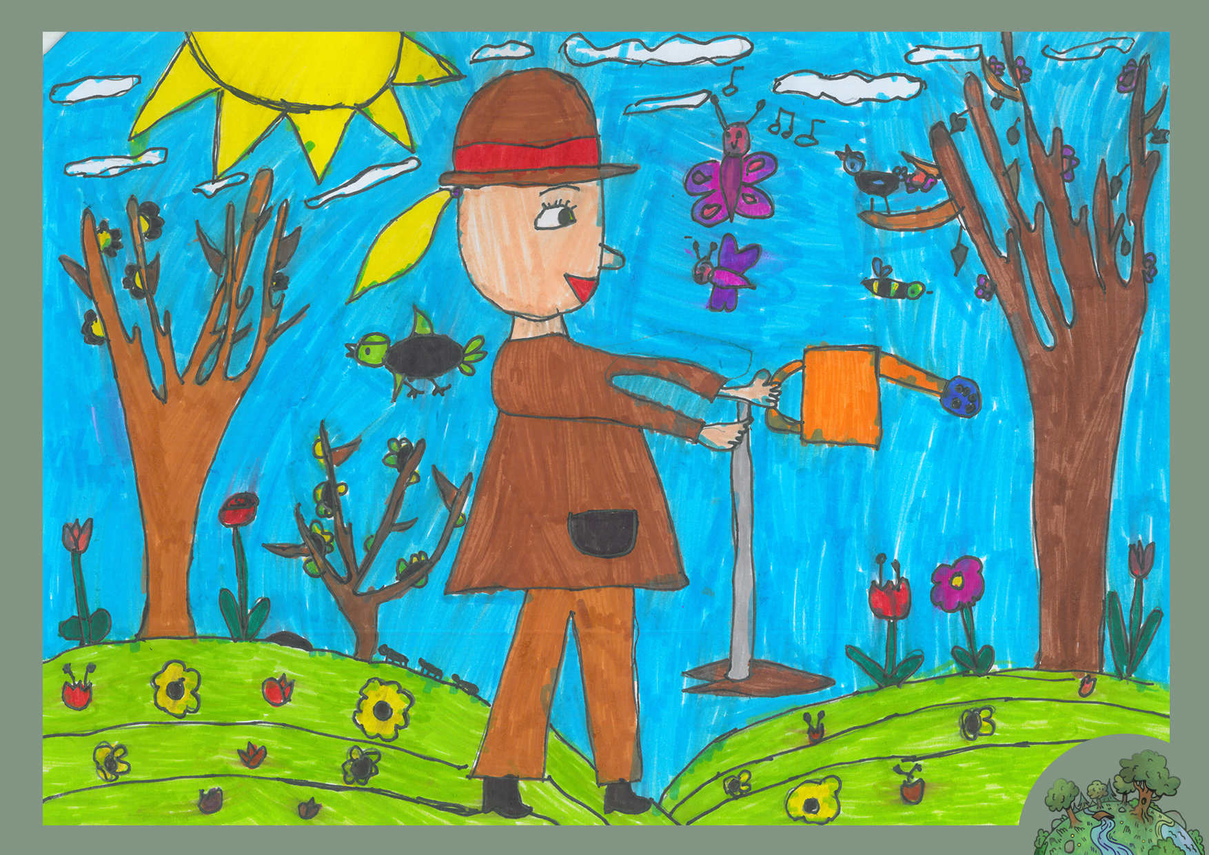 Molnár Jázmin Judit, 7,5 éves<br />A kép címe: Kertünk gondozása<br />Alkalmazott technika: filctoll