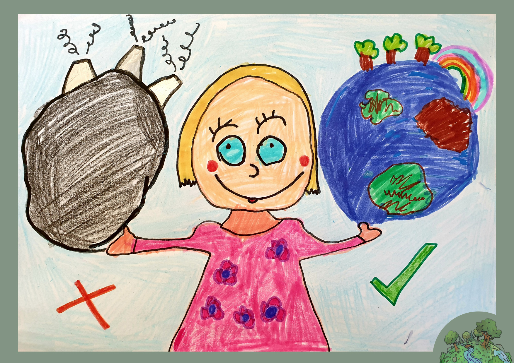 Török Vanda, 6 éves<br />A kép címe: Én nem a környezetszennyezést, hanem a tiszta Földet választom!<br />Alkalmazott technika: színes ceruza, filc, zsírkréta, dekorfilc