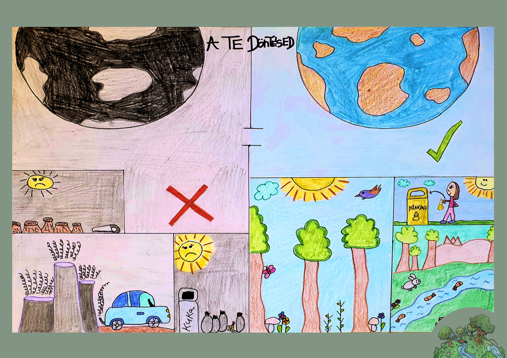 Török Vivien, 11 éves<br />A kép címe: Legyen boldog a Föld!<br />Alkalmazott technika: színes ceruza és filctoll