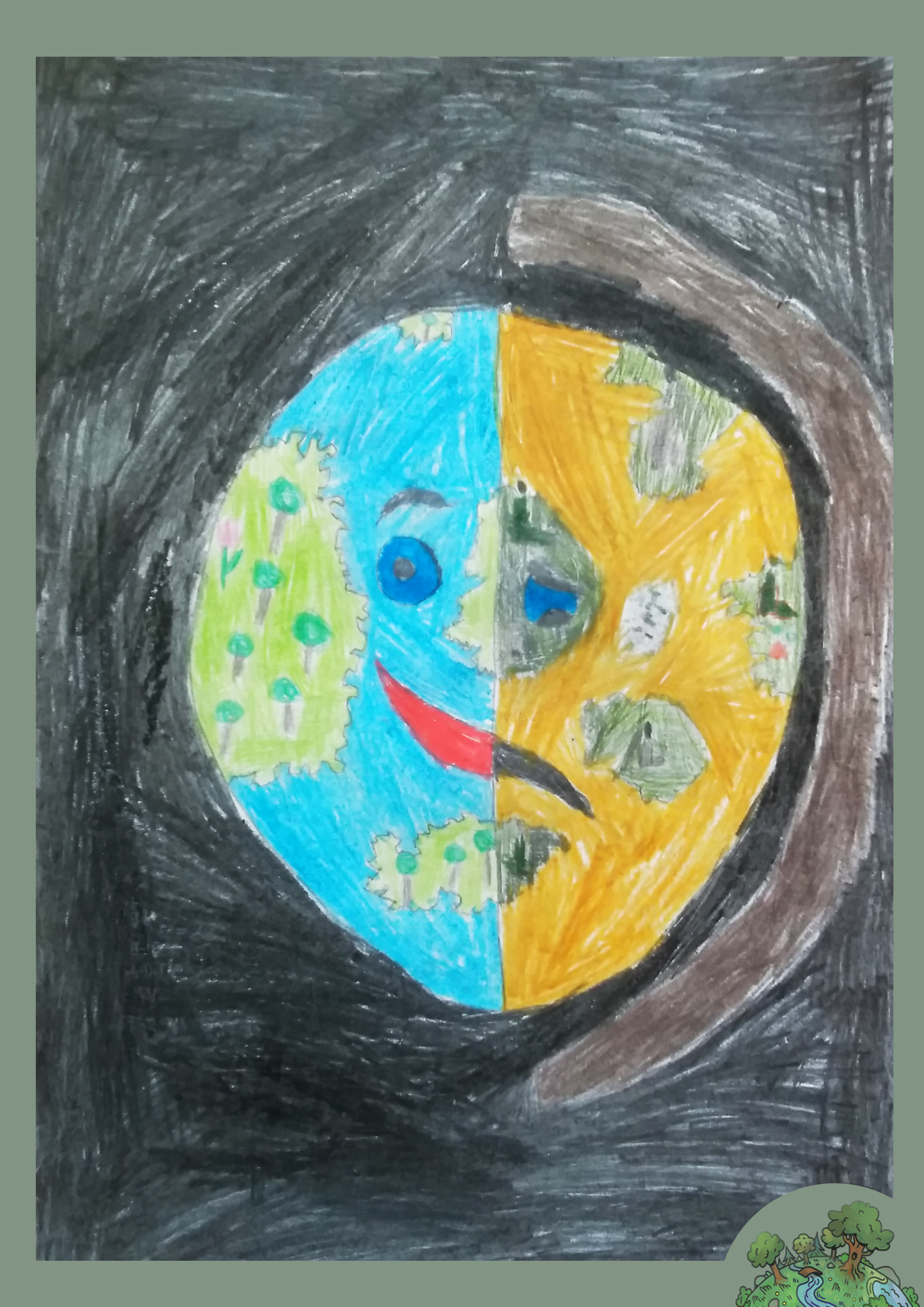 Tóth Dániel, 10 éves<br />A kép címe: Földünk állapota gyerekszemmel<br />Alkalmazott technika: színes ceruza