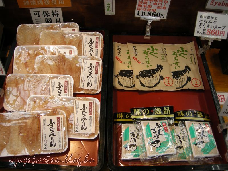 fugu készítmények rizsételekhez (ochazuke,zousui) és édes rizsborban főtt, szárított fugu snack