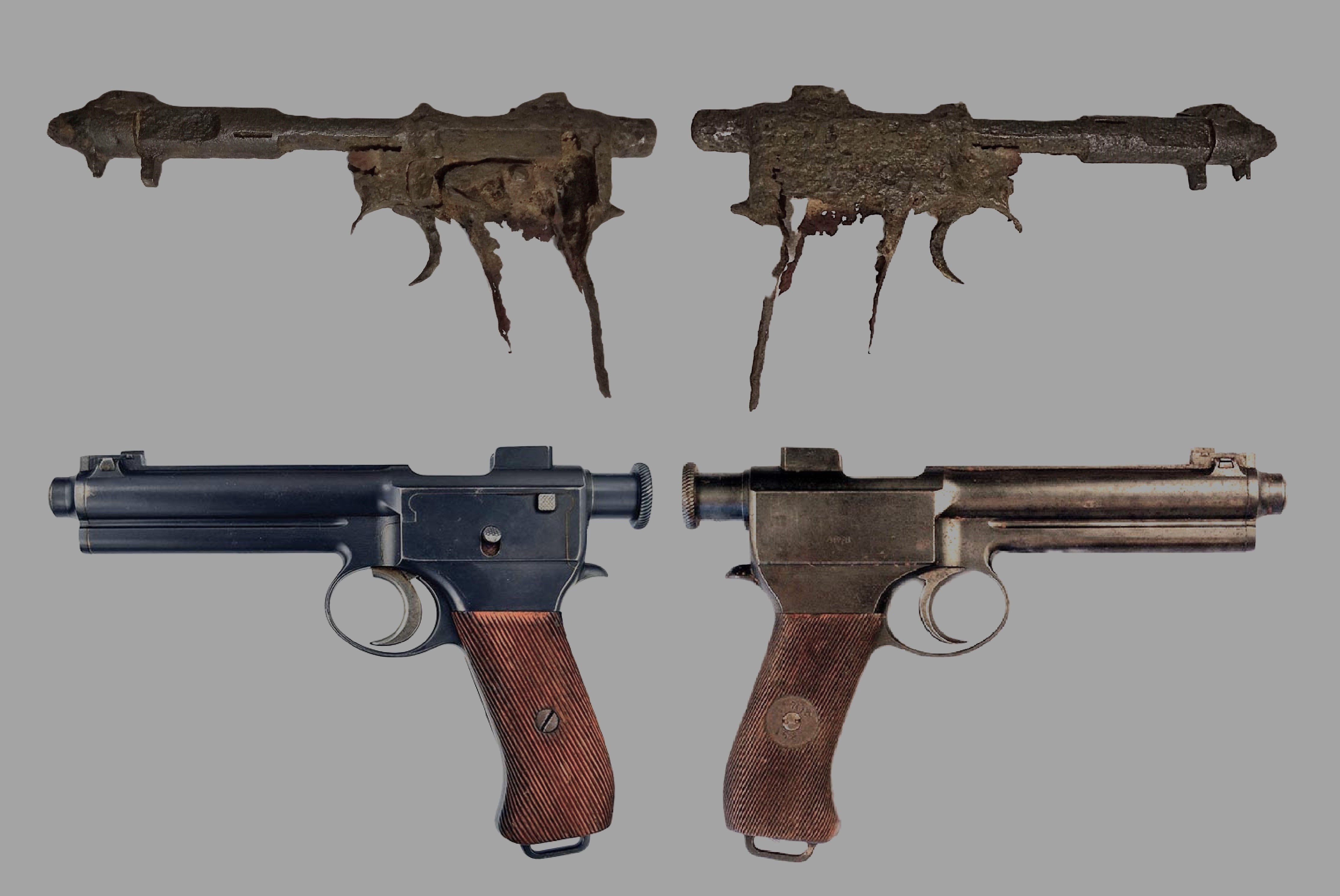 Túrkeve–Liget úton előkerült Roth-Steyr M1907 pisztoly maradványa. <br />(Fotó: Máté Imre. Referenciafotók: https://smallarmsreview.com/m1907-roth-steyr-pistol.)<br />