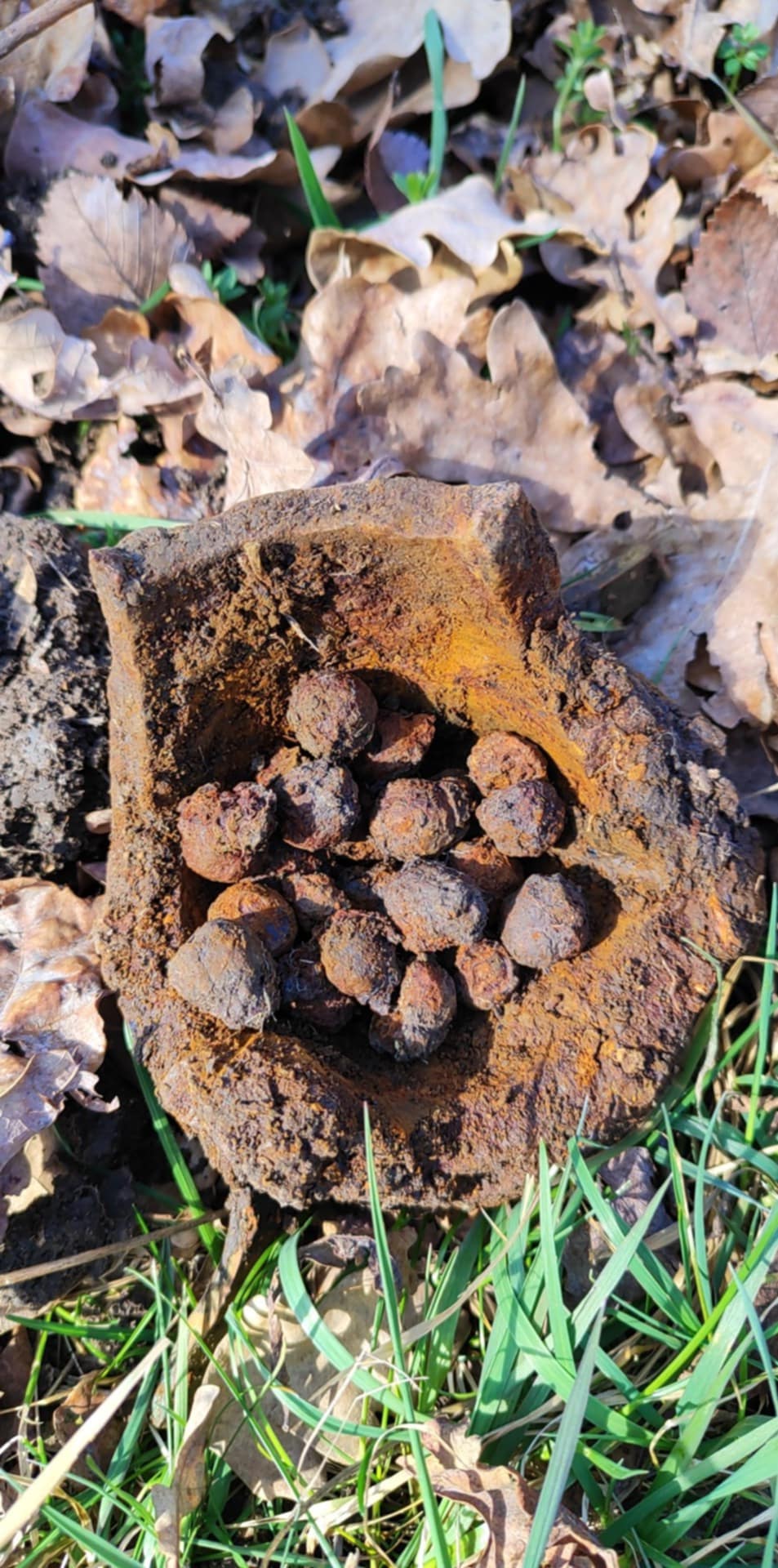 Fémkereső műszeres kutatások során fellelt 10 cm-es M14 tüzérségi gránát-srapnel lövedékek maradványai és egy 8 mm-es ogivális puskalövedék. (Fotók: Kiss Norbert)