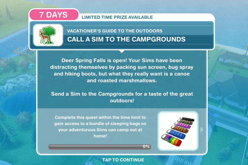 "Vacationer's guide to the outdoors" quest The Sims FreePlay