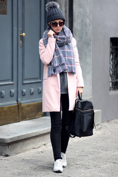 u2sibz-l-610x610-sirma_markova-blogger-scarf-hat-winter_outfits-tartan_scarf-pom_pom_beanie-pink_coat-leather_backpack-black_jeans-coat-sweater-jeans-jewels-sunglasses.jpeg