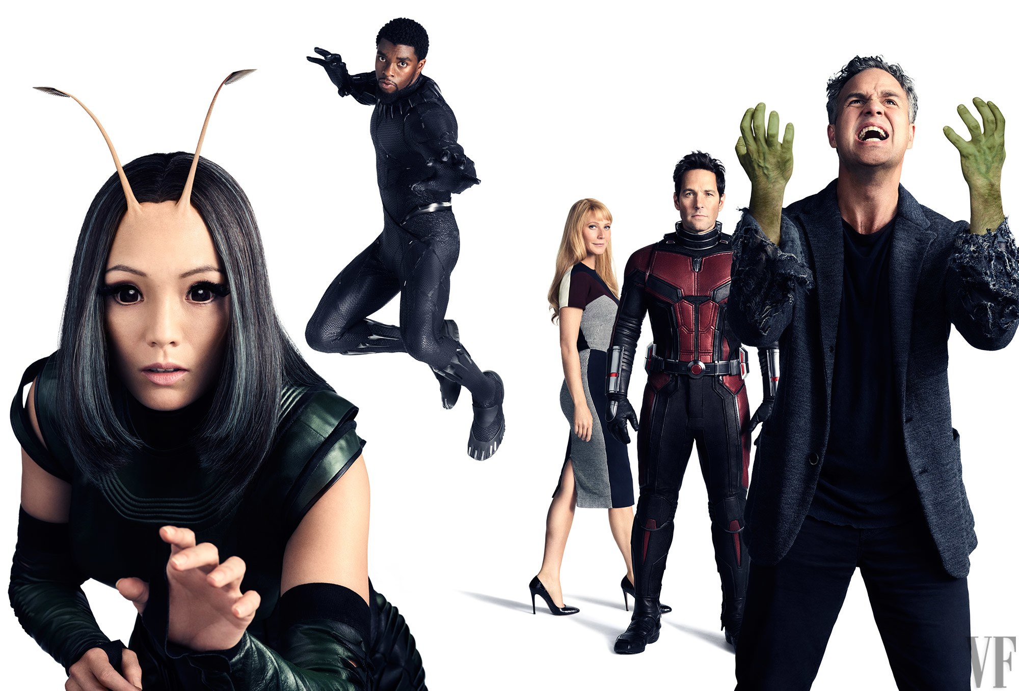 Pom Klementieff, mint Mantis, Chadwick Boseman, mint Fekete Párduc, Gwyneth Paltrow, mint Pepper Potts, Paul Rudd, mint Hangya és Mark Ruffalo, mint Bruce Banner