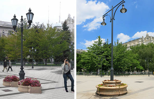 balra: Az önkormányzat által közreadott látványterv, sem a lámpa, sem a virágláda nem stimmel. jobbra: az új kandeláber régi virágtartóval 