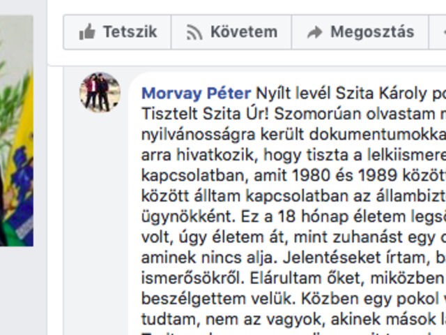 Volt ügynök írt nyílt levelet Szita Károlynak: "Jobb szembenézni a múlttal"